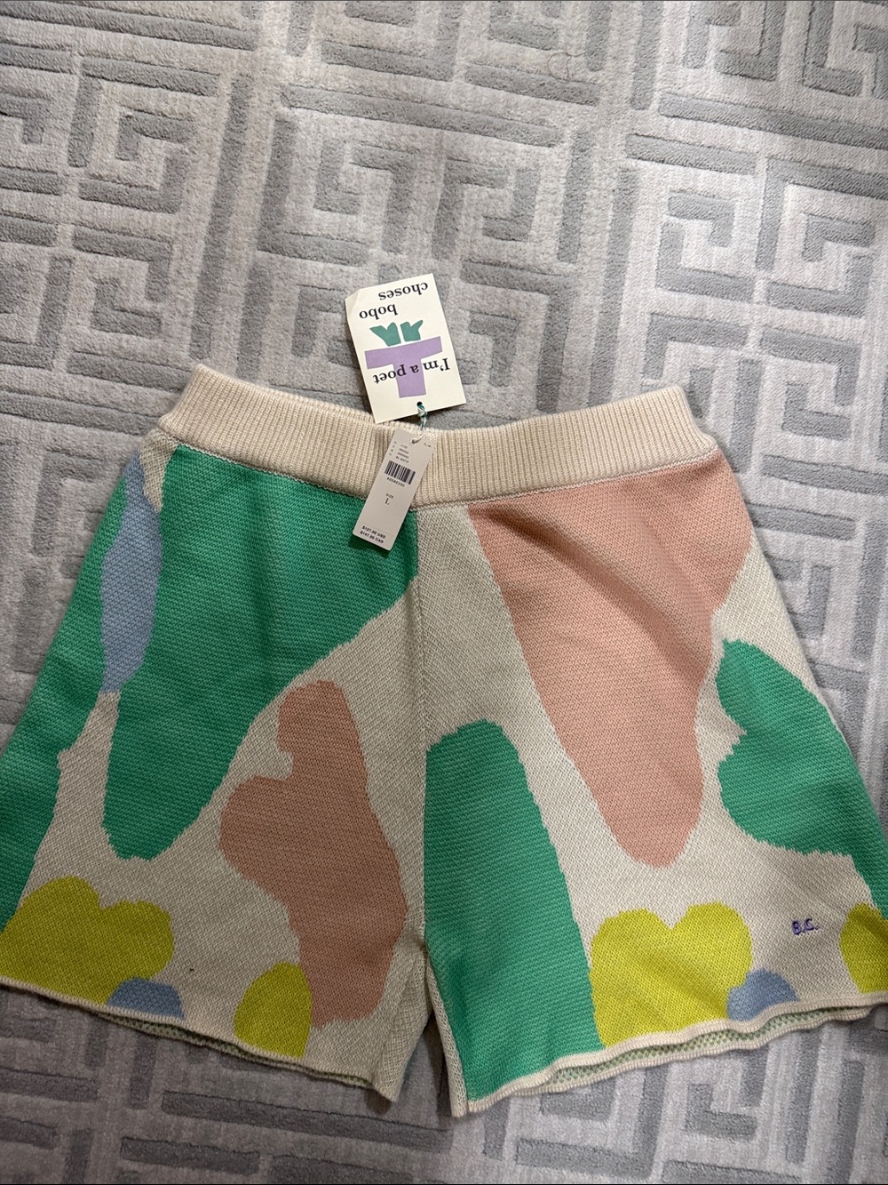 I'm a Pea? Bobo Choses Pastel Abstract Knit Shorts - Cream/Green/Pink